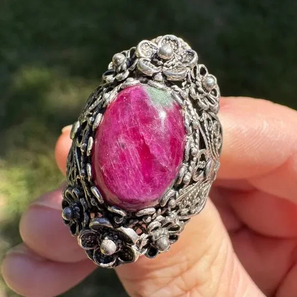 Vintage Sterling Silver Filigree Ring Size 8.5 DGS 925 Turkey Ruby Zoisite Cab